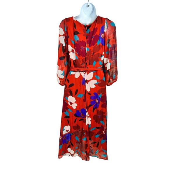 Chaps Floral Wrap Midi Dress Sz 8 Lined 3/4 Sleeve Colorful Belt V-Neck - Picture 7 of 8